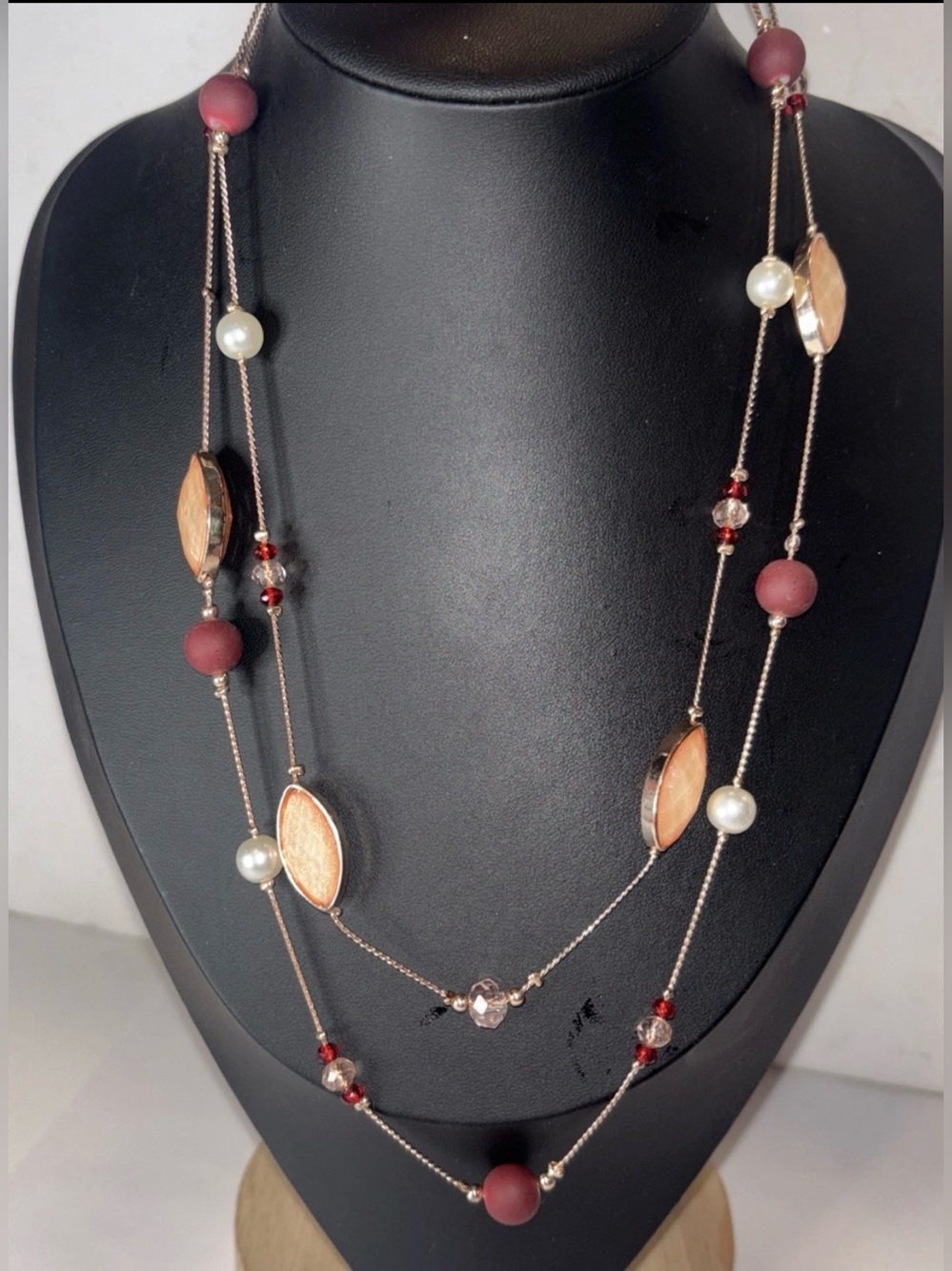 Rose Gold Tone Opera Length Station Necklace Pink Beads Faux Pearls 38
